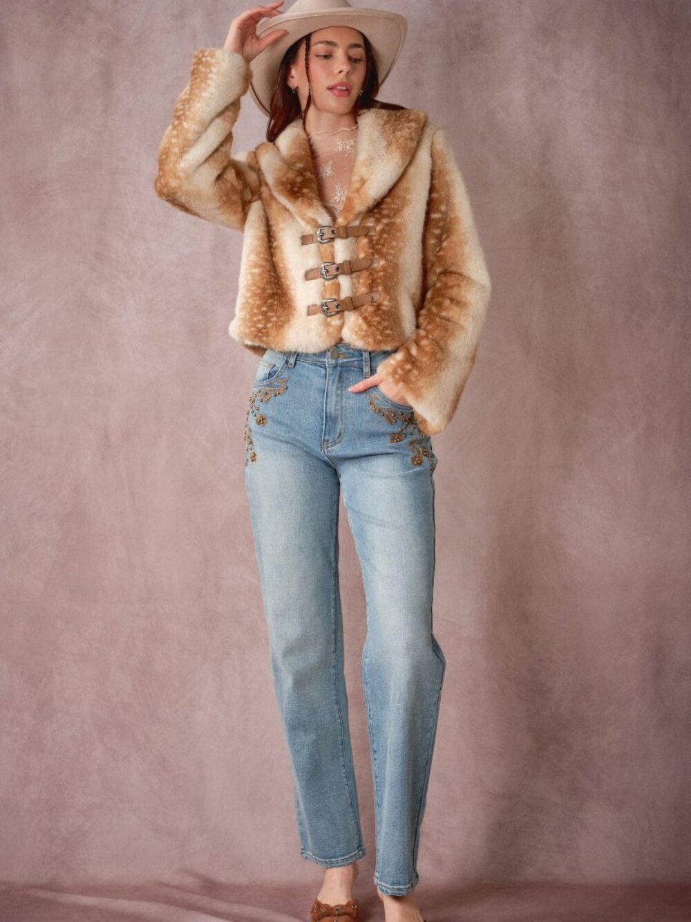 NWT BLUE B Buckled Deer Print Faux Fur Jacket - Picture 5 of 6